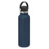 A drink bottle in dark blue with a silver metal neck and a black carry lid, featuring a handle.