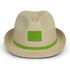 A Bruno Fedora Hat in a light beige colour with a green band and a blank logo area.