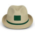 A tan fedora hat featuring a green band and a square patch area for branding.