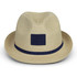 A straw fedora hat in beige, featuring a navy blue ribbon band and a solid patch area on the front.