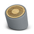 A grey Bluetooth mini speaker with a round bamboo grille design on top. It features a logo on the side.