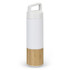 A drink bottle with a white upper section and a bamboo lower section. It features a handle and a logo.