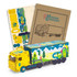 A wooden model of a large truck in yellow and blue, accompanied by craft sheets and assembly instructions.