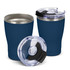 A drink bottle set featuring two navy blue vacuum cups with transparent lids, showcasing a stainless steel interior.