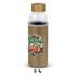 A drink bottle with a clear glass body and a natural beige sleeve featuring a graphic design and a wooden lid.