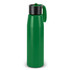 A drink bottle in bright green with a black lid and handle, featuring a logo on the side.