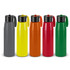 A drink bottle collection featuring grey, yellow, orange, red, and green aluminium bottles with black caps and handles.