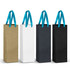 A set of four champagne ribbon handle paper bags in gold, white, and black with teal satin handles. Each bag has a logo.