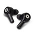 Black wireless earbuds with a sleek design and a logo on the surface.