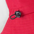 A close-up of a red bucket hat featuring an adjustable drawstring and toggle for a secure fit.