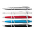 A set of five plastic pens in silver, white, red, blue, and black, each with a silver accent and clip.