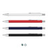 A collection of four metal pens in white, red, navy, and black, featuring silver clips and a branding logo.