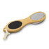 A wooden pedicure tool featuring a textured surface and a smooth side, with a hanging loop for easy storage.