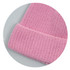 A pink brushed kids beanie with a textured, ribbed cuff and soft fabric. It features a logo on the tag.