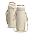 A cream-coloured wine cooler bag with a removable shoulder strap and a wooden handle, featuring a zip closure and a side pocket.