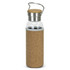 A drink bottle with a cork sleeve, clear glass body, and metal lid featuring a handle.
