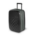 A small wheeled suitcase featuring a green fabric exterior and a black hard shell, with a retractable handle.