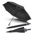 A black Hurricane Sport Umbrella with a sturdy handle, shown both open and folded. It features a logo on the handle.