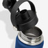 A drink bottle with a blue exterior and a black lid, featuring a stainless steel interior, showcasing its opening.