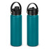 A drink bottle in teal with a black lid and handle, featuring a logo. Two bottles are displayed side by side.
