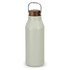 A drink bottle in a soft green finish with a wooden lid and a metal handle. Features a logo on the surface.
