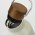 A drink bottle featuring a cream exterior and a wooden top handle, with a stainless steel interior.