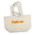 A cream tote bag with orange text and longer straps. The bag has a logo on one side.