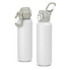 A drink bottle made of recycled aluminium, featuring a white body and a light green cap with a handle.