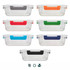A set of transparent lunch boxes with coloured handles in grey, orange, red, green, blue, and black. Each box has a lid.