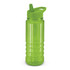 A drink bottle in vibrant green, featuring a straw and a lid with a carry handle, along with a logo.