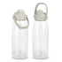 A drink bottle with a clear body and a light grey lid and handle, featuring a logo on its side.