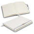 A white notebook with lined pages, featuring a ribbon bookmark and a clasp. It includes a logo on the cover.