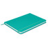 A turquoise notebook with a smooth cover, elastic closure, and white pages. It features a logo on the front.