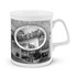 A bone china coffee mug featuring a black and white illustration and a logo, with a glossy white finish.