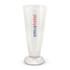 A clear beer glass with a tall, slender design and a base, featuring a logo in red and blue.