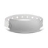 A grey plastic event wristband with a smooth surface and circular cut-outs for adjustment, featuring a logo.