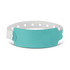 A turquoise plastic event wristband with a white strap and circular holes for fastening. It features a logo on one side.
