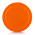 An orange Frisbee featuring a smooth surface and a ridged edge, with a branding logo on the centre.