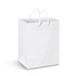 A large white laminated paper carry bag with rope handles and a glossy finish, featuring a logo.