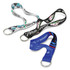 Three key rings in various designs: one with geometric patterns, one with floral decoration, and one in blue with text.