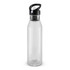 A drink bottle in translucent design with a black lid and spout, featuring a circular base and a logo.