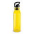 A drink bottle in translucent yellow with a black lid and spout, featuring a logo.