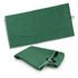 A green waffle golf towel with a clip for easy storage. The towel is presented unfolded and folded.