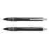 A black plastic pen with silver accents and a clip, featuring striped detailing on the barrel.