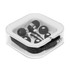 A set of black Helio Earbuds in a clear, square storage case with various ear tip sizes included.