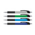 A set of four plastic pens with coloured barrels in green, blue, silver, and black, featuring textured grips and clips.