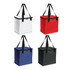 A cooler bag in four colours: white, red, blue, and black, featuring dual handles and a zip closure.