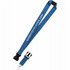 A blue lanyard with a clip and a branding logo, designed for holding items securely.