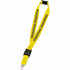 A yellow lanyard with a branded logo and a detachable clip for holding ID cards or badges.