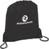 A black drawstring sportspack with a logo. The bag features two drawstrings for closing.